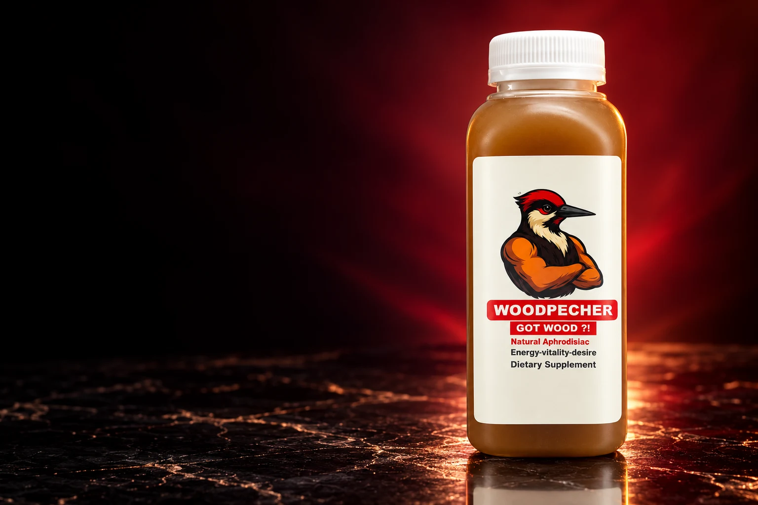 Advertising composition of the WOODPECHER bottle on dark stone with warm red lighting