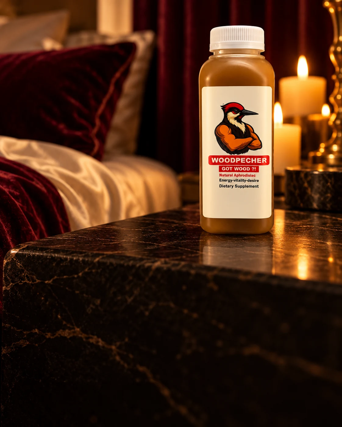 Advertising concept of the Woodpecher bottle in a warm candlelit interior