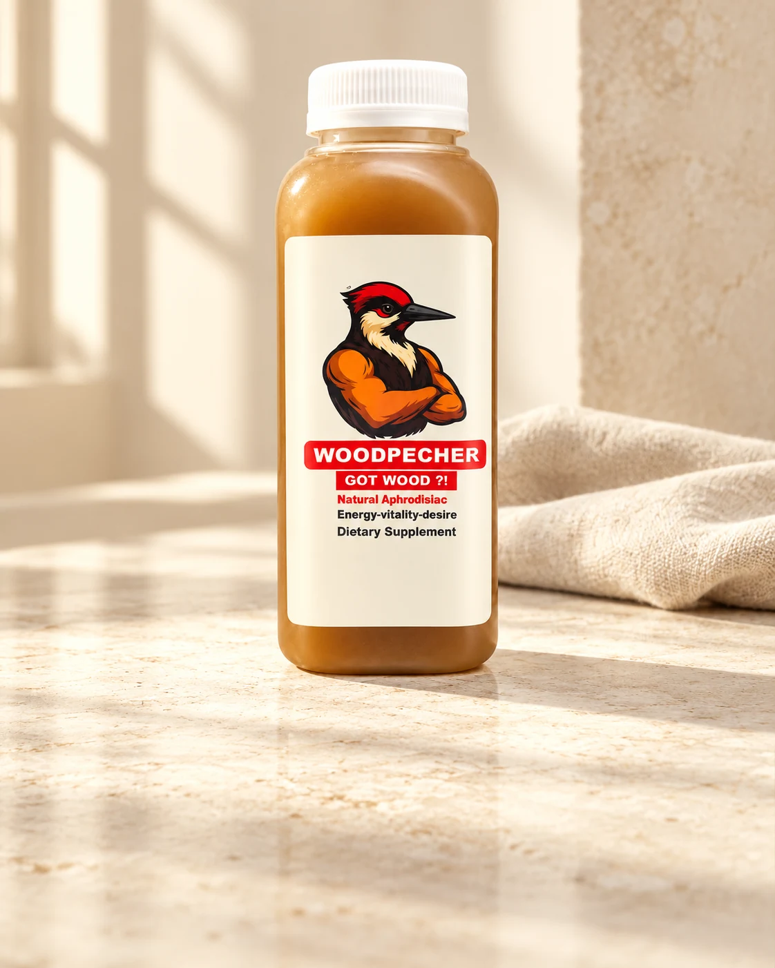 Advertising concept of the Woodpecher bottle in a bright limestone and linen setting